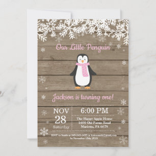 Rustic Penguin Winter Pink Birthday Invitation