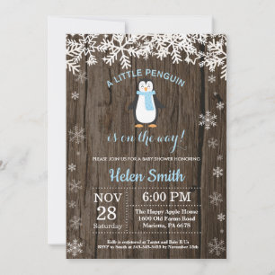 Rustic Penguin Winter Snowflake Boy Baby Shower Invitation