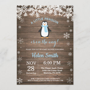 Rustic Penguin Winter Snowflake Boy Baby Shower Invitation
