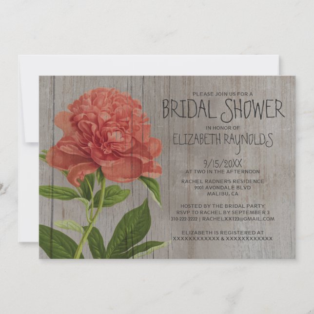 Rustic Peonies Bridal Shower Invitations (Front)