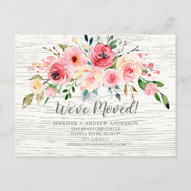 Rustic Peonies Rose Floral Moving Announcement (Front)