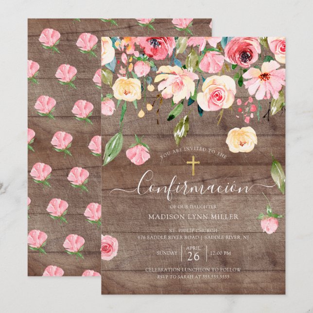 Rustic Peonies Rose Spanish Confirmation Invitation (Front/Back)