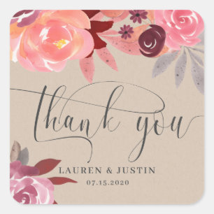 rustic peonies thank you wedding monogram square sticker