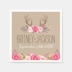 Rustic Peony and Deer Antler Wedding Napkins