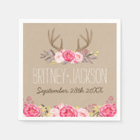 Rustic Peony and Deer Antler Wedding Napkins