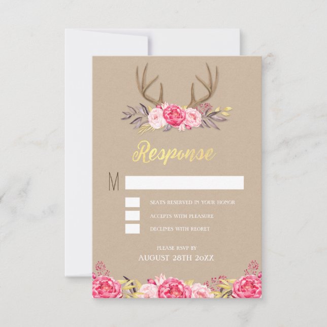 Rustic Peony et Deer Antler Wedding Cartes RSVP (Devant)
