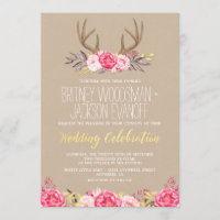Rustic Peony et Deer Antler Wedding Invitations
