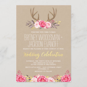 Rustic Peony et Deer Antler Wedding Invitations