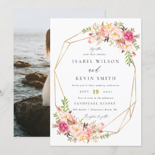 Rustic Peony Flowers Geometric frame wedding Invitation