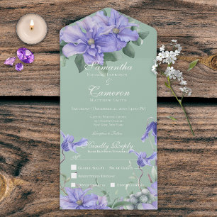 Rustic Periwinkle Flowers & Butterfly Green Dinner All In One Invitation