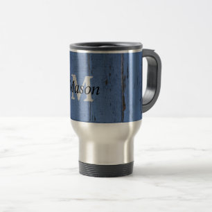 Rustic Personalize Blue Wood Monogram Travel Mug