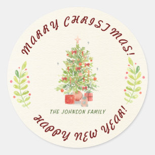 Rustic Personalize Greenery Christmas Classic Round Sticker