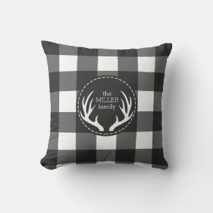 Rustic Personalized Black White Plaid Antler Throw Pillow