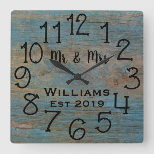 Rustic Personalized Blue Distressed Wood Custom Square Wall Clock