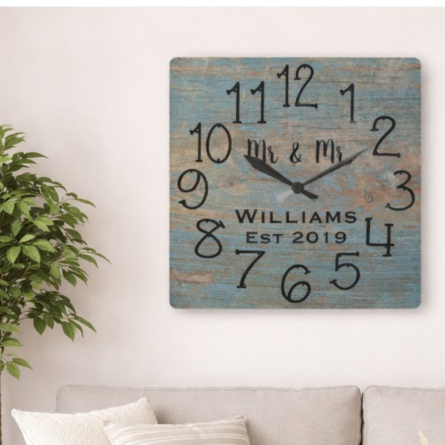 Rustic Personalized Blue Distressed Wood Custom Square Wall Clock (Creator Uploaded)