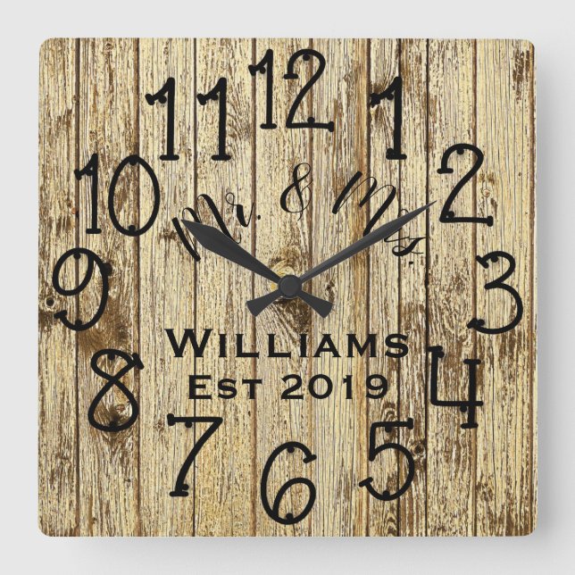 Rustic Personalized Brown Wood Custom Square Wall Clock (Front)