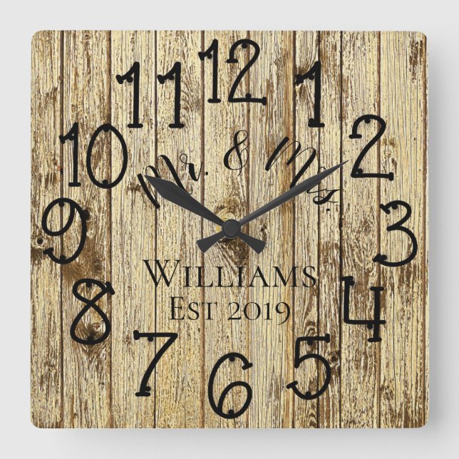 Rustic Personalized Brown Wood Custom Square Wall Clock (Front)