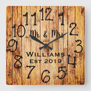Rustic Personalized Brown Wood Custom Square Wall Clock