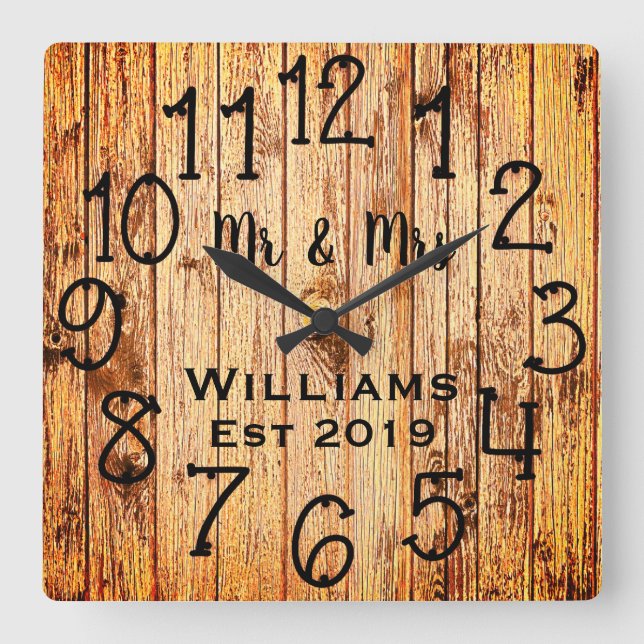 Rustic Personalized Brown Wood Custom Square Wall Clock (Front)