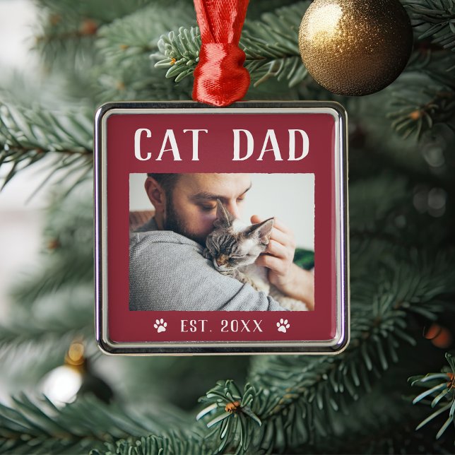 Rustic Personalized Cat Dad Photo Metal Ornament (Creator Uploaded)