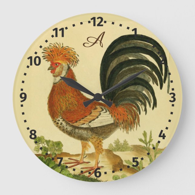 Rustic Personalized Colourful Rooster chicken Roun Large Clock (Front)