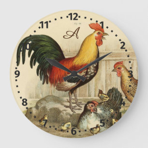 Rustic Personalized Colourful Rooster chicken Roun Large Clock