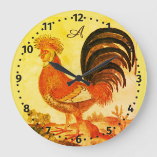 Rustic Personalized Colourful Rooster chicken Roun Large Clock
