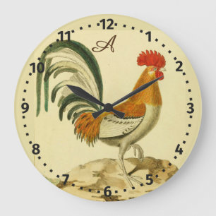 Rustic Personalized Colourful Rooster chicken Roun Large Clock