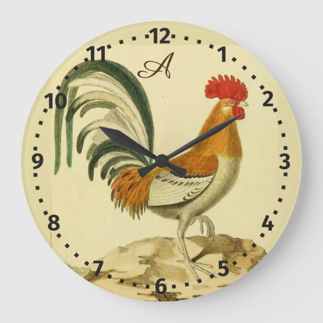Rustic Personalized Colourful Rooster chicken Roun Large Clock (Front)