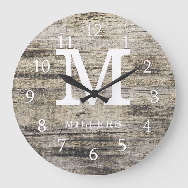 Rustic Personalized Farmhouse Wood Monogram Large Clock (Front)