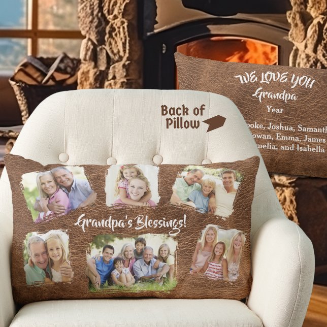 Rustic Personalized Grandpa Grandkids Photo Names Lumbar Pillow (Creator Uploaded)