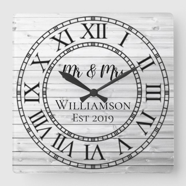 Rustic Personalized Gray Wood Custom Square Wall Clock (Front)