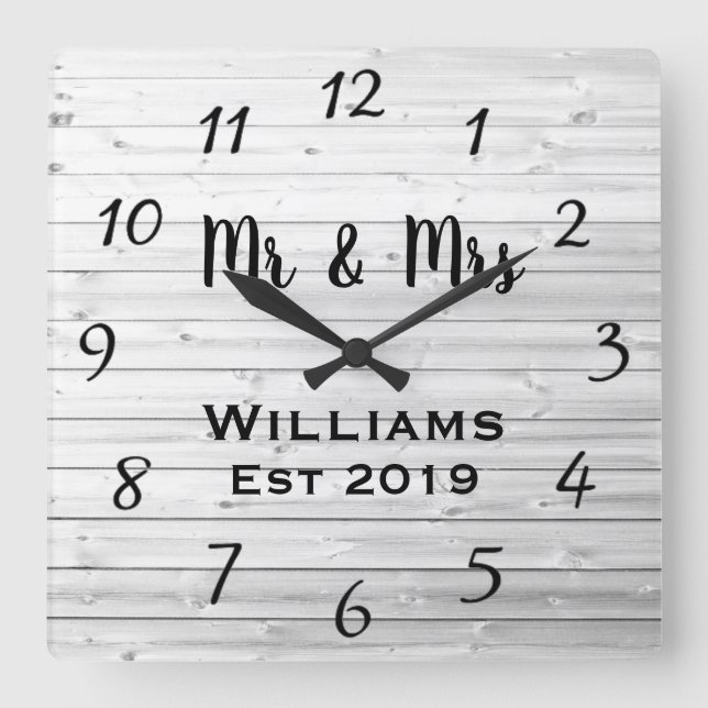 Rustic Personalized Gray Wood Custom Square Wall Clock (Front)