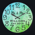 Rustic Personalized Grey Wood Custom Large Clock<br><div class="desc">Beautiful, unique, one-of-a-kind personalized design features a black personalized his and her names in a script font overlay design and the last name and year established in a bold script with a grey wood background. Personalize this clock by adding your personal information. Makes a great wedding, anniversary, or housewarming gift....</div>