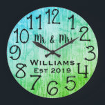 Rustic Personalized Grey Wood Custom Large Clock<br><div class="desc">Beautiful, unique, one-of-a-kind personalized design features a black personalized his and her names in a script font overlay design and the last name and year established in a bold script with a grey wood background. Personalize this clock by adding your personal information. Makes a great wedding, anniversary, or housewarming gift....</div>