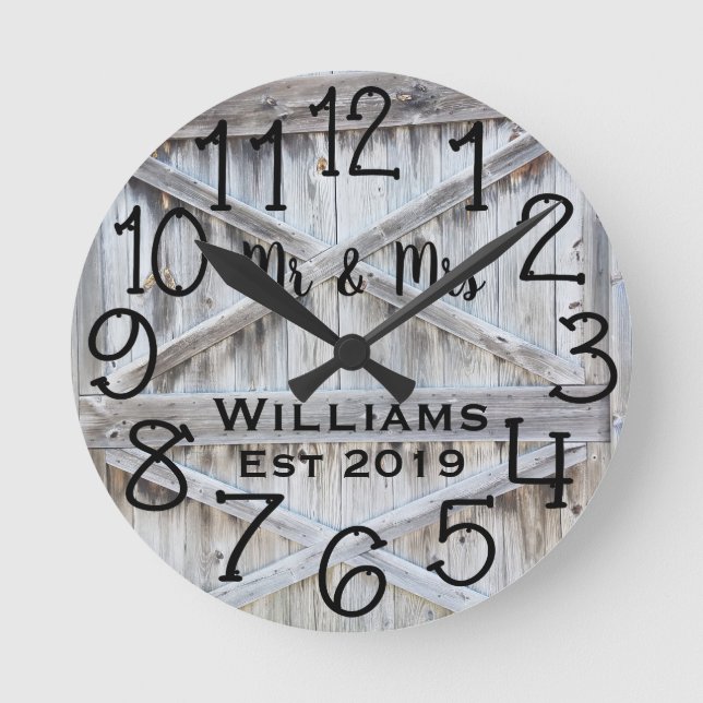 Rustic Personalized Grey Wood Custom Round Clock (Front)