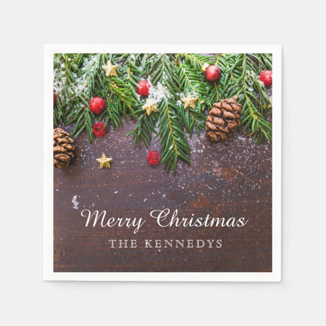 Rustic Personalized Merry Christmas Napkin (Front)