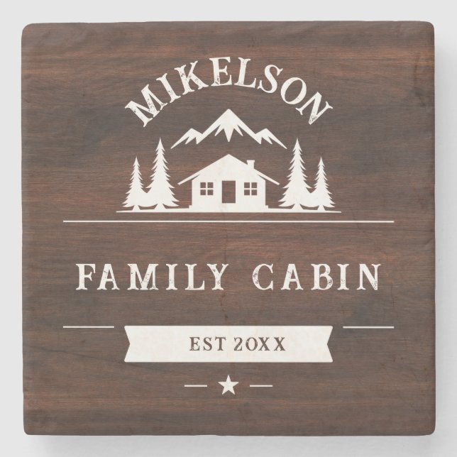 Rustic Personalized Name Family Cabin Stone Coaster (Front)