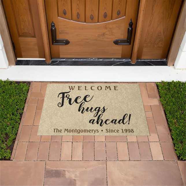 Rustic Personalized Name Free Hugs Ahead Welcome Doormat (Outdoor)