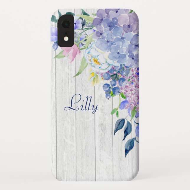 Rustic Personalized Watercolor Purple Hydrangeas Case-Mate iPhone Case (Back)