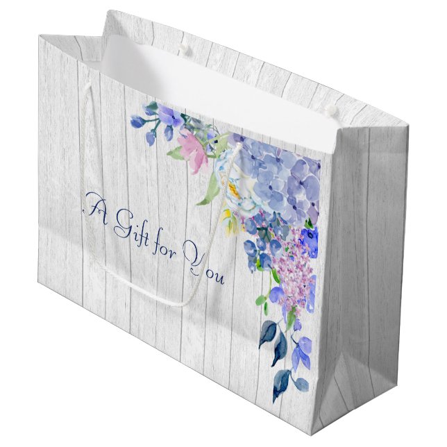 Rustic Personalized Watercolor Purple Hydrangeas Large Gift Bag (Front Angled)