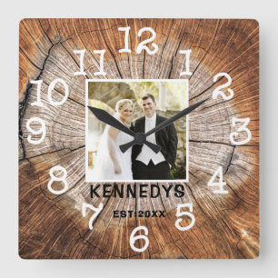 Rustic Personalized Wedding Anniversary Photo Square Wall Clock