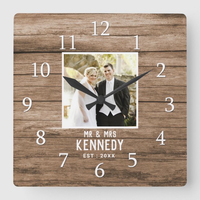 Rustic Personalized Wedding Anniversary Photo Wood Square Wall Clock (Front)