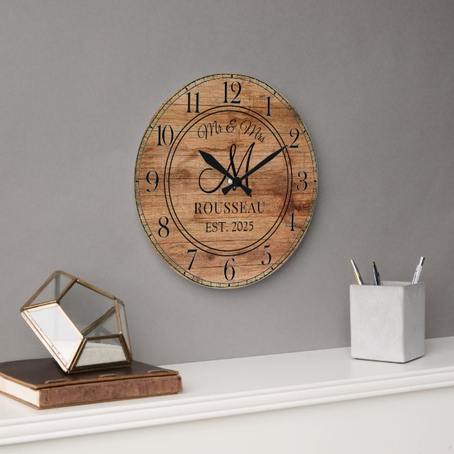 Rustic Personalized Wedding Newlywed Monogram Wood Large Clock (Office)