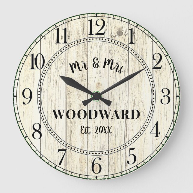 Rustic Personalized Wedding Newlyweds Large Clock (Front)