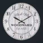Rustic Personalized Wedding Newlyweds Large Clock<br><div class="desc">A rustic modern white washed barn wood shiplap monogrammed wedding wall clock with date established.</div>