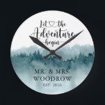 Rustic Personalized Wedding Newlyweds Large Clock<br><div class="desc">A rustic watercolor forest let the adventure begin,  married name wedding wall clock with date established wedding date.</div>