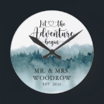 Rustic Personalized Wedding Newlyweds Large Clock<br><div class="desc">A rustic watercolor forest let the adventure begin,  married name wedding wall clock with date established wedding date.</div>