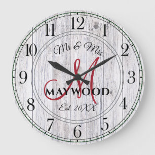 Rustic Personalized Wedding Newlyweds Monogrammed Large Clock