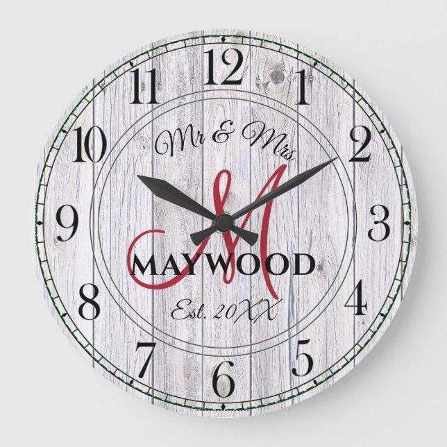 Rustic Personalized Wedding Newlyweds Monogrammed  Large Clock (Front)